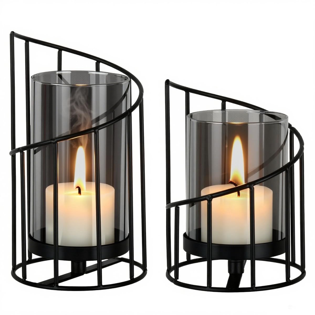Omgoods - Set van 2 Zwarte Windlicht Kaarsenhouders van Metaal