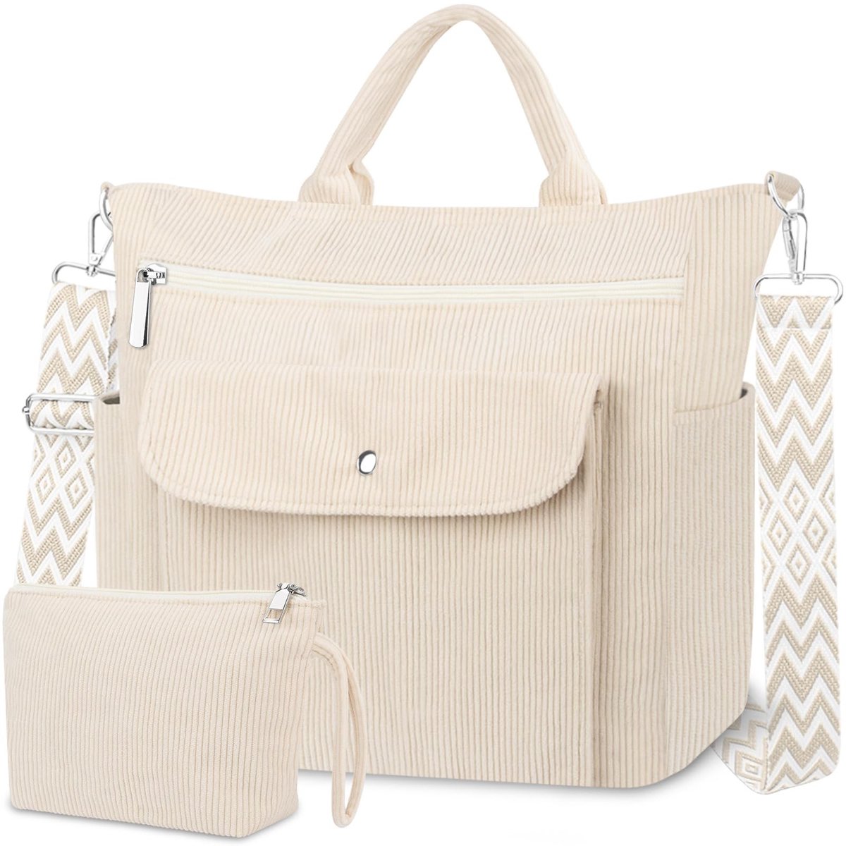 Omgoods - Grote Corduroy Schoudertas met Ritssluiting voor Vrouwen