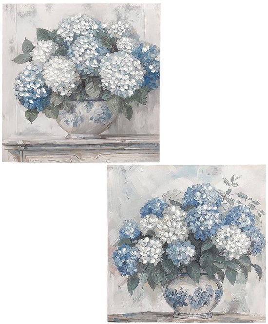 Omgoods - Canvas Schilderij met Bloemenvaas Handgeschilderd in Wit, Blauw en Groen