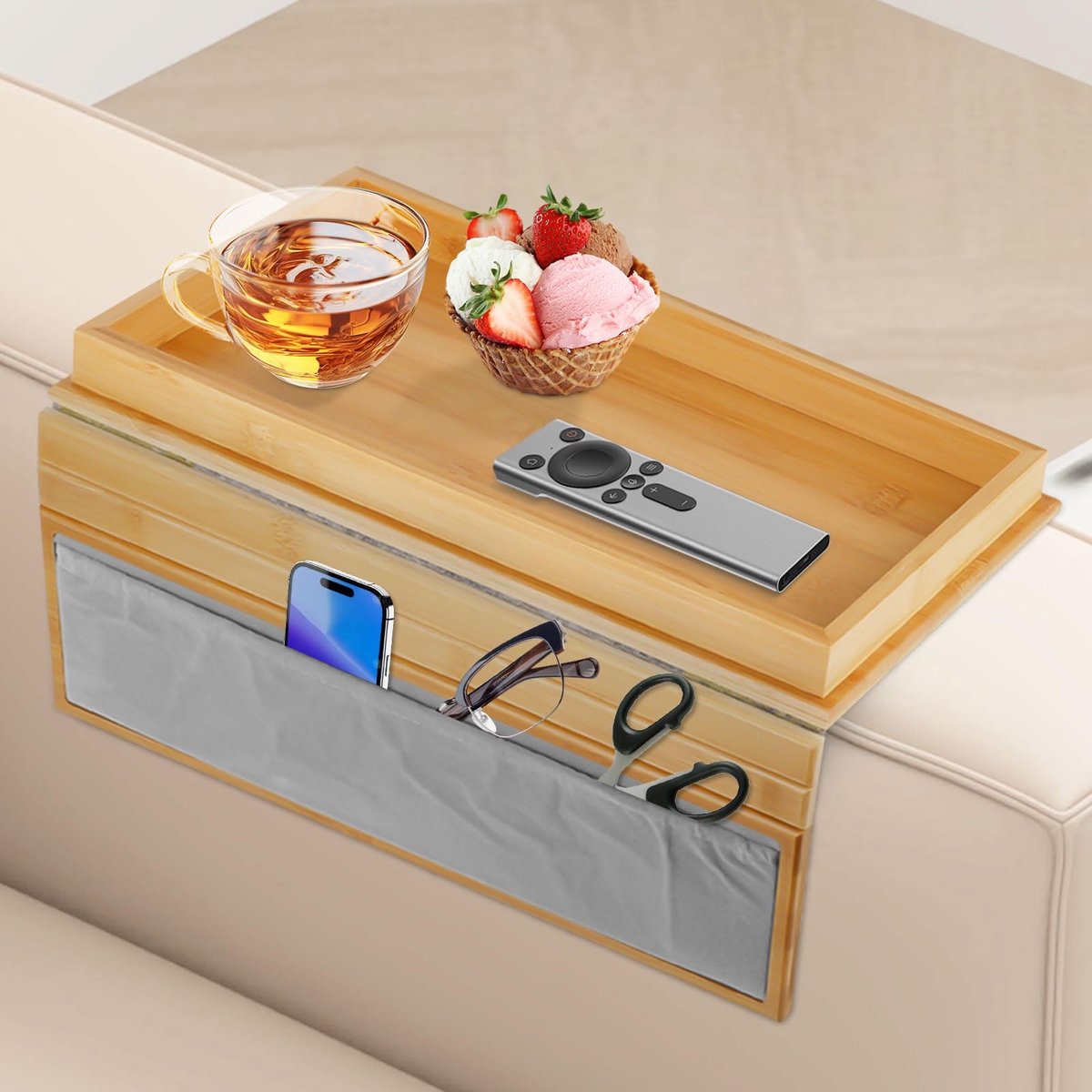 Omgoods - Bamboe Armleuning Tray met Opslagzak, Vouwbaar en Antislip