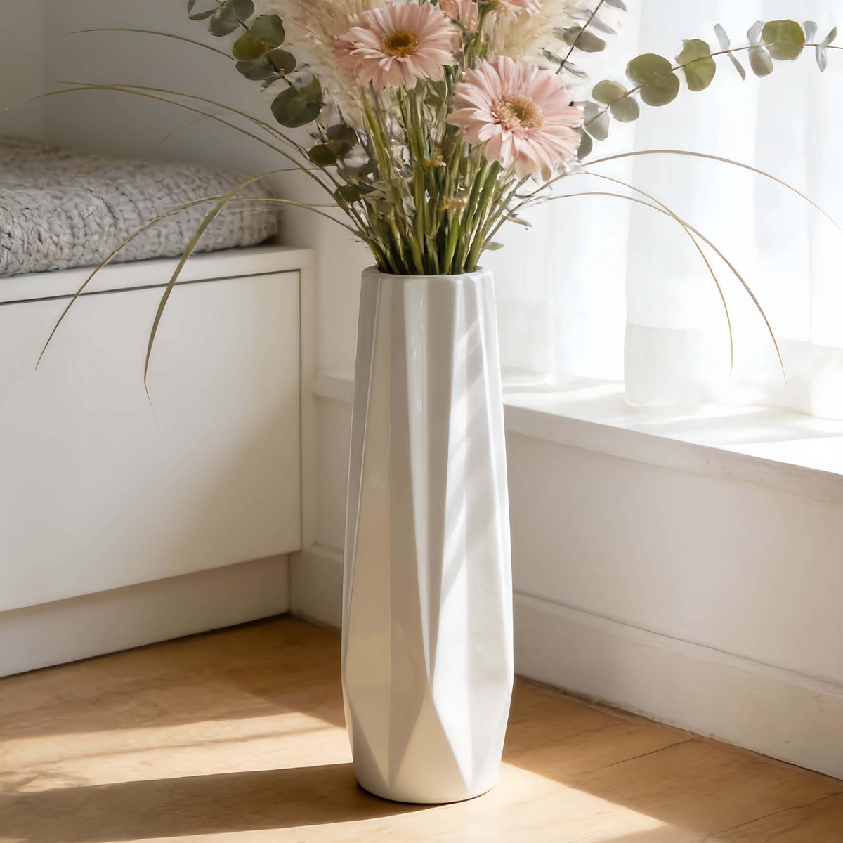 Omgoods- Keramische Vaas Uniek Design - Witte Vloervaas - Decoratieve Vaas - Huishoudelijke Decoratie - Voor Gedroogde Bloemen - Hoogte 45 cm