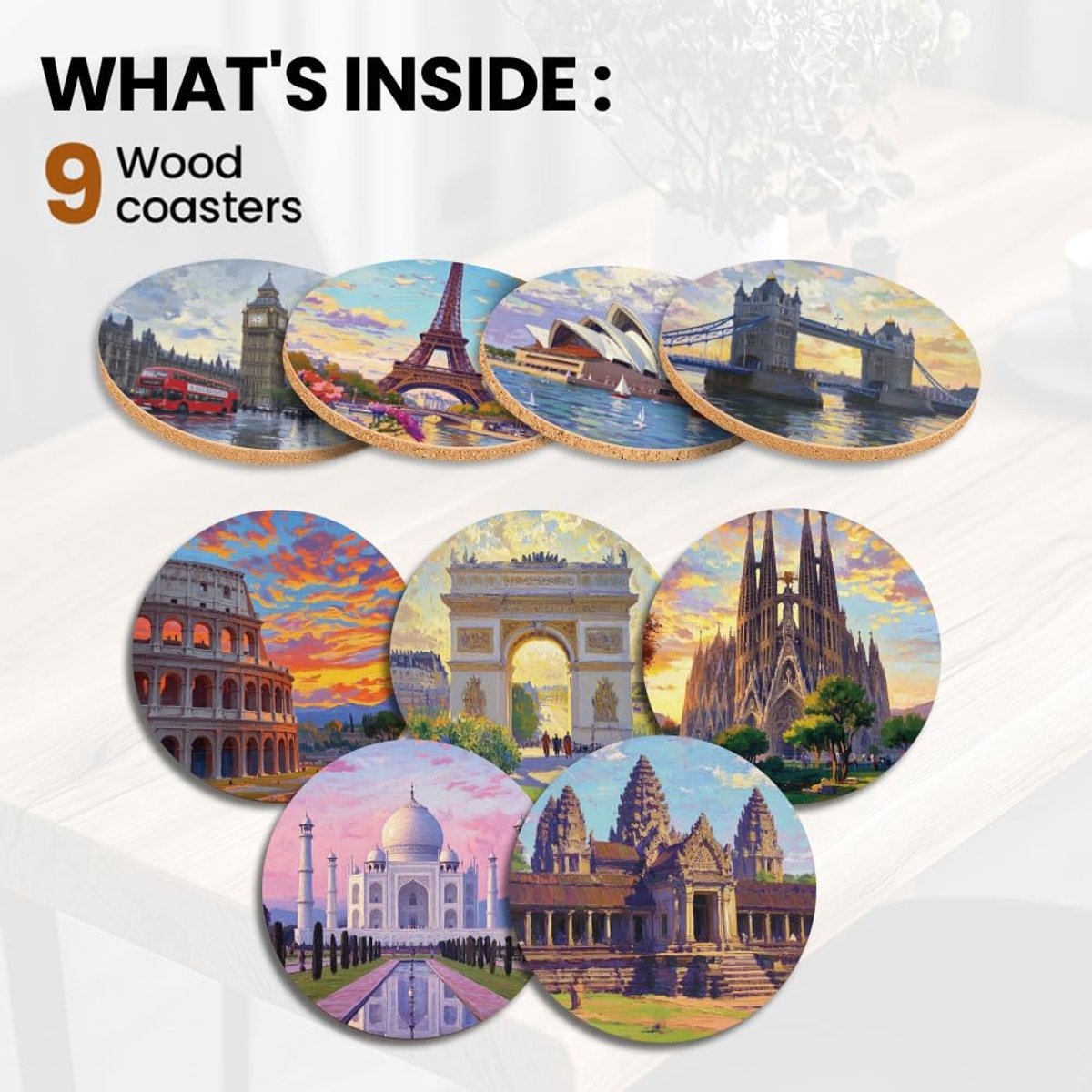 Omgoods - Set van 9 Houten Coasters met Stadspanorama, Kleurvol