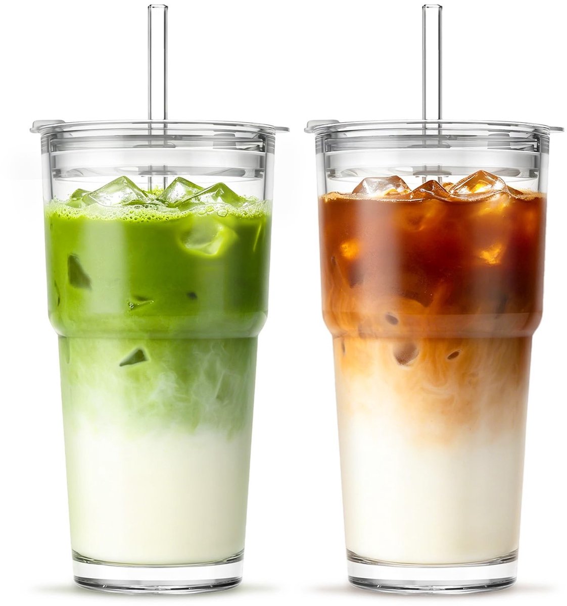 Omgoods - Set van 2 Heldere Glazen Bekers met Deksel en Glazen Rietjes, 20oz