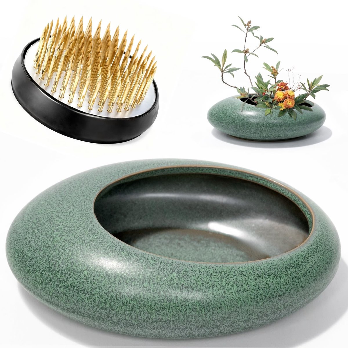 Omgoods - Flower Frog Vaas Kit met Groene Keramische Waterpot en Koper Kikker