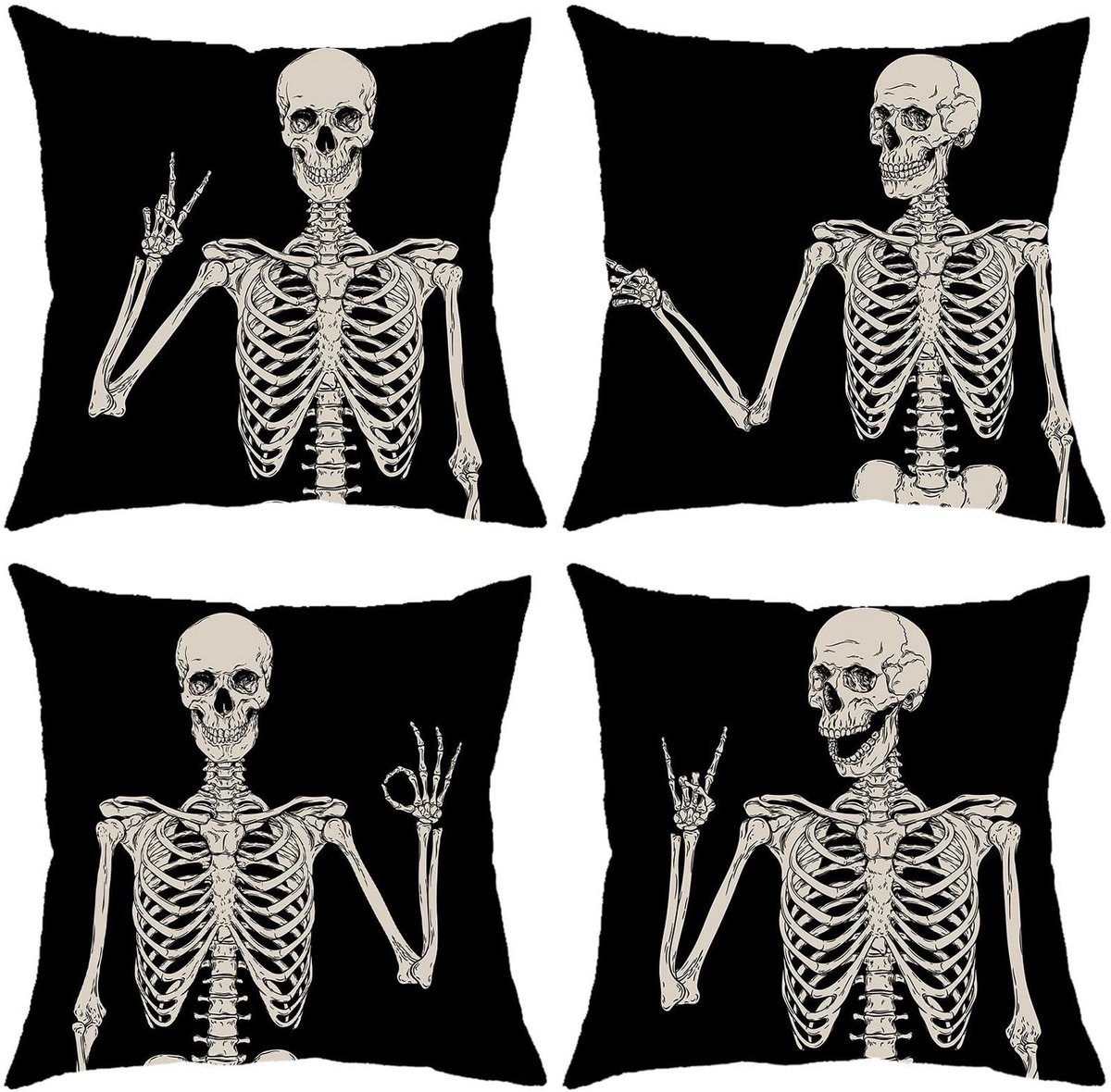 Omgoods - Set van 4 Halloween Kussenslopen 45 x 45 cm met Skelet Ontwerp