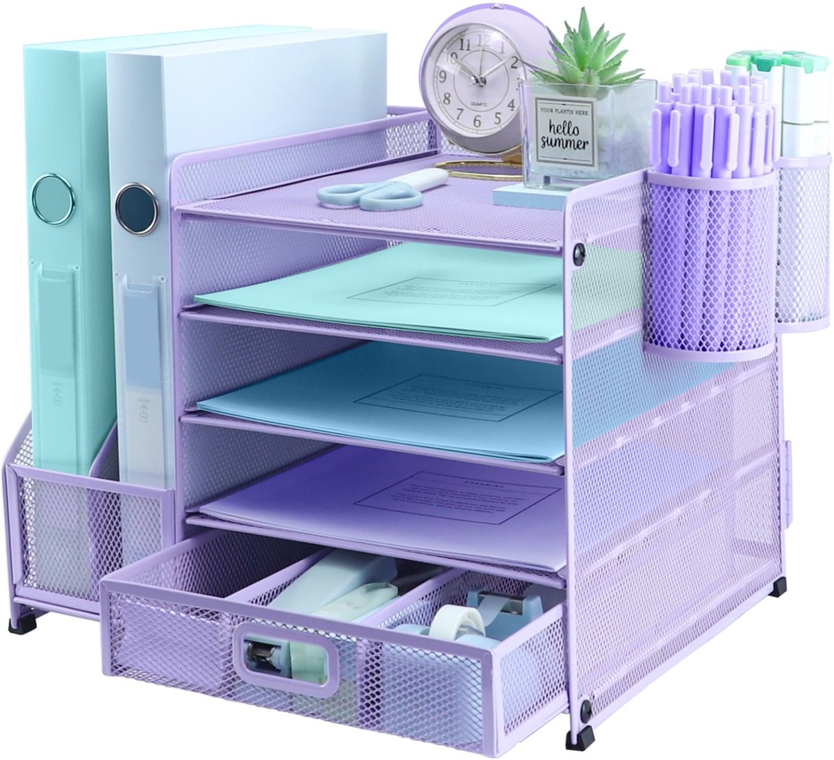 Omgoods - Bureau Organizer met 5 Laag Papieren Houder en 2 Pennenhouders - Purple
