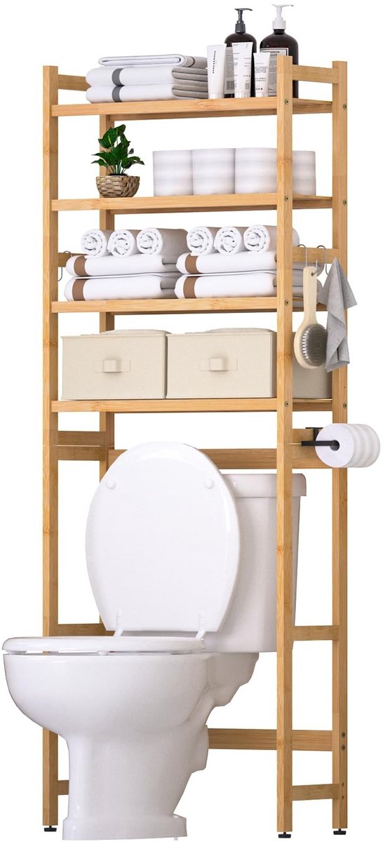 Omgoods - Bamboe Toilet Rack met 4 Niveaus en 2 Mandjes
