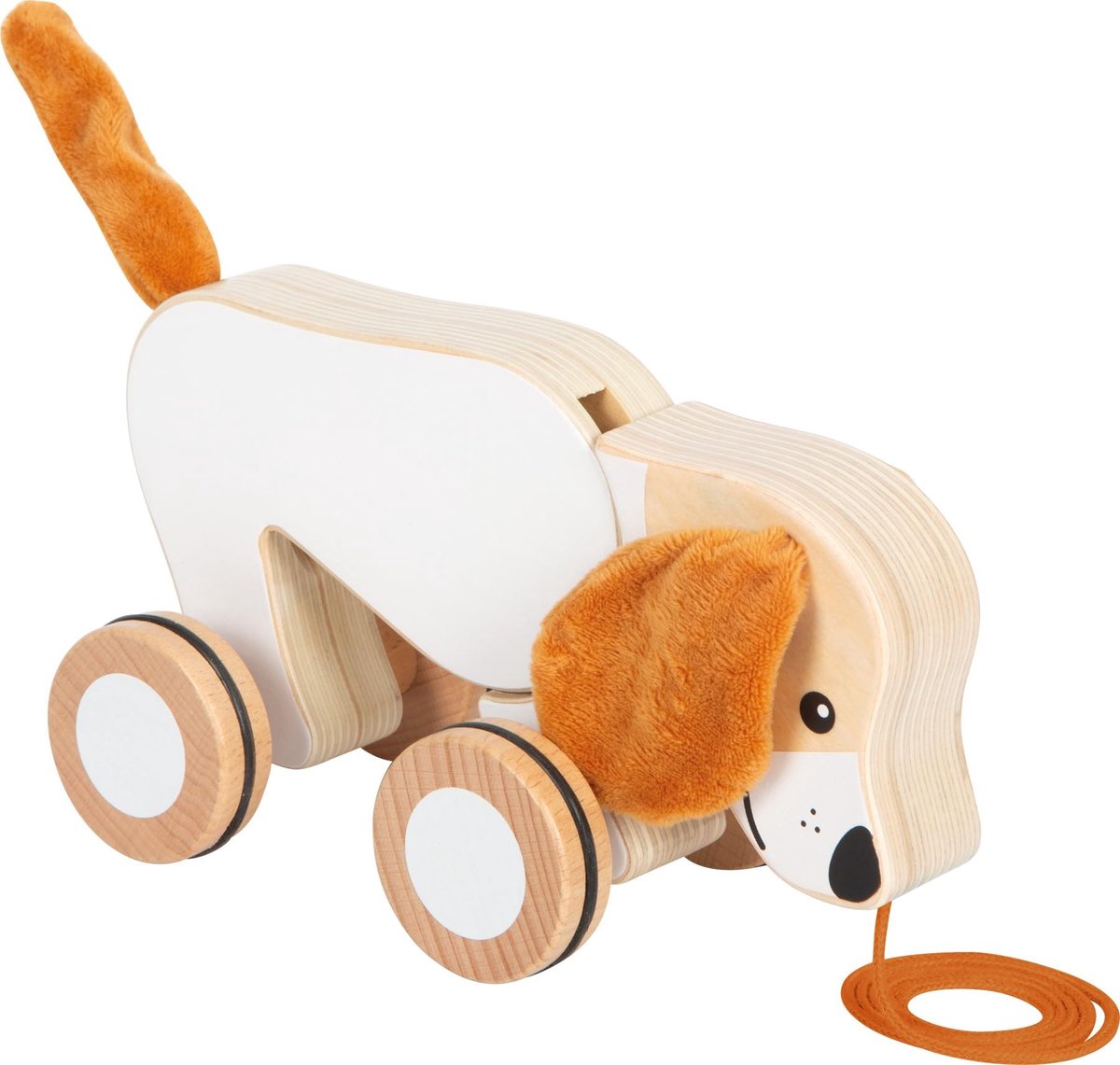 Omgoods - Houten Trekfiguur Hond met Knisperoren en Rubber Wielen