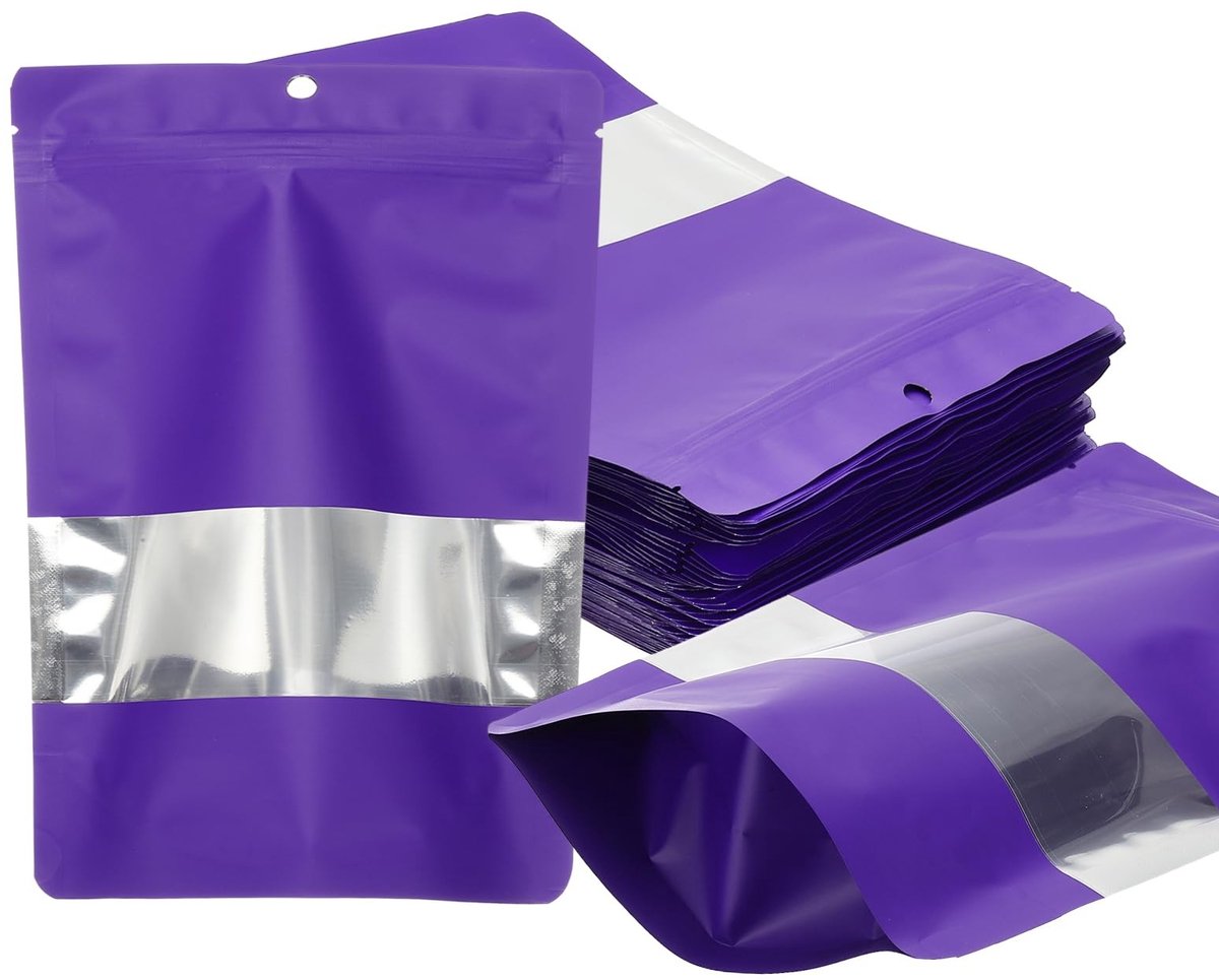 Omgoods - 30 Resealable Matte Metallic Voedselzakken met Venster en Rits, Paars