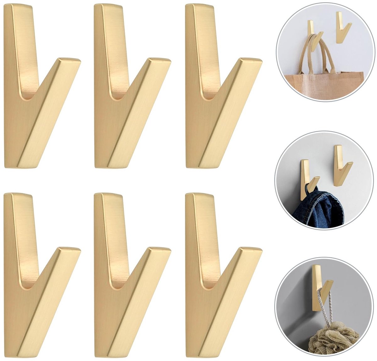 Omgoods- Wandhaken Goud - Zelfklevend - Voor Badkamer/Keuken - Onzichtbaar - 6 Stuks - Muurbevestiging - Haakjes