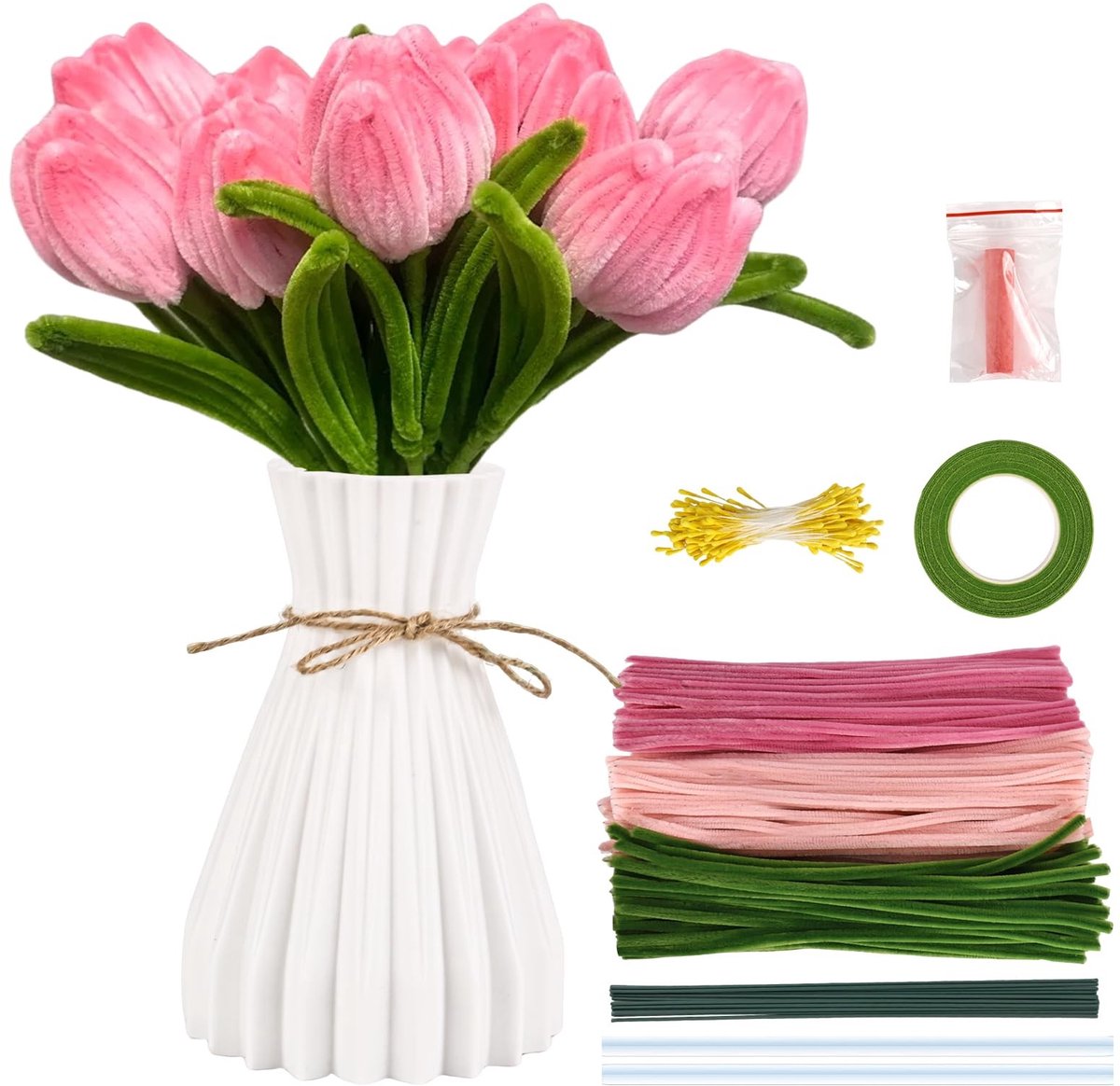 Omgoods - Creatieve Pipe Cleaner Bloemen Set met Vazen voor DIY Decoratie