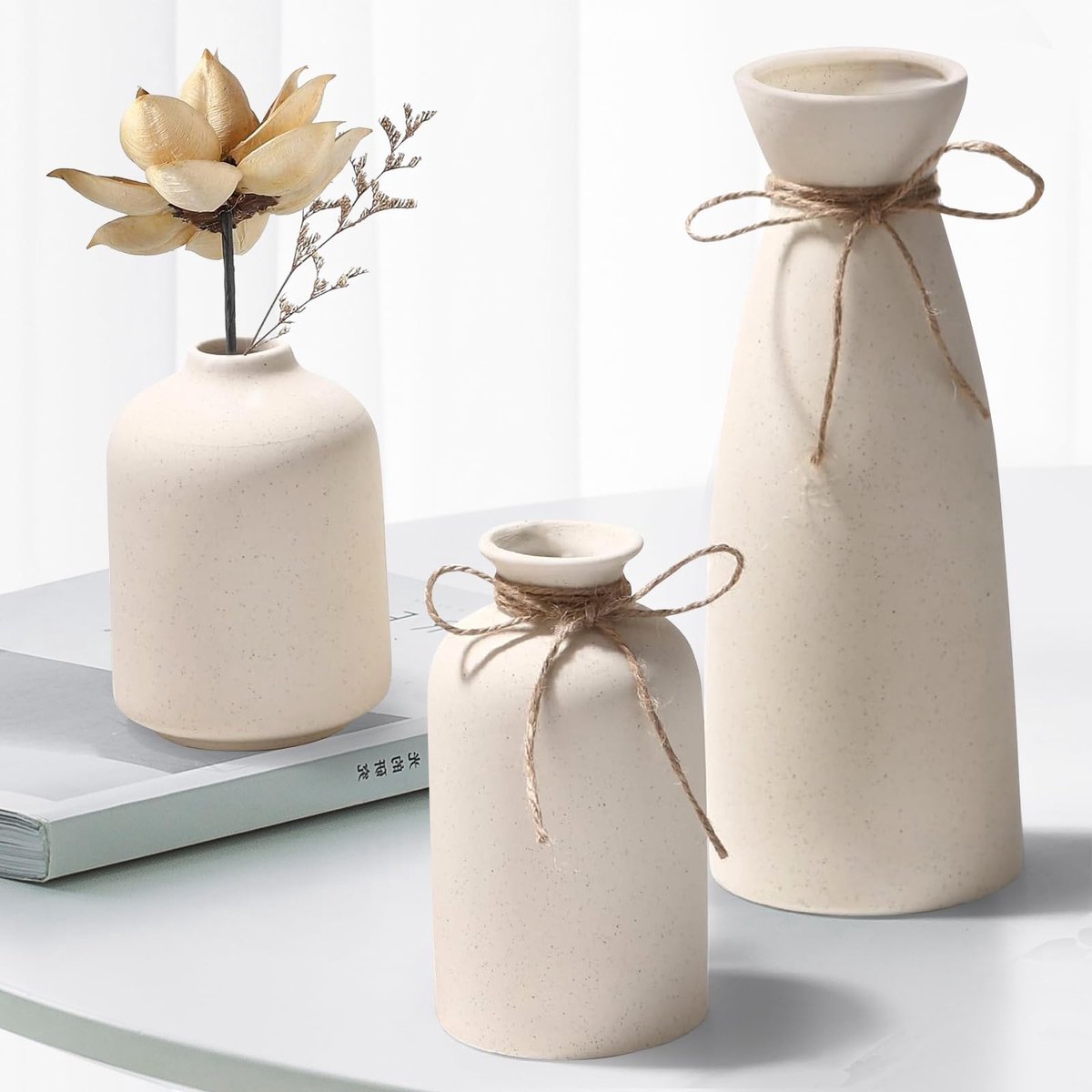 Omgoods - Set van 3 Decoratieve Vazen in Beige voor Droogbloemen