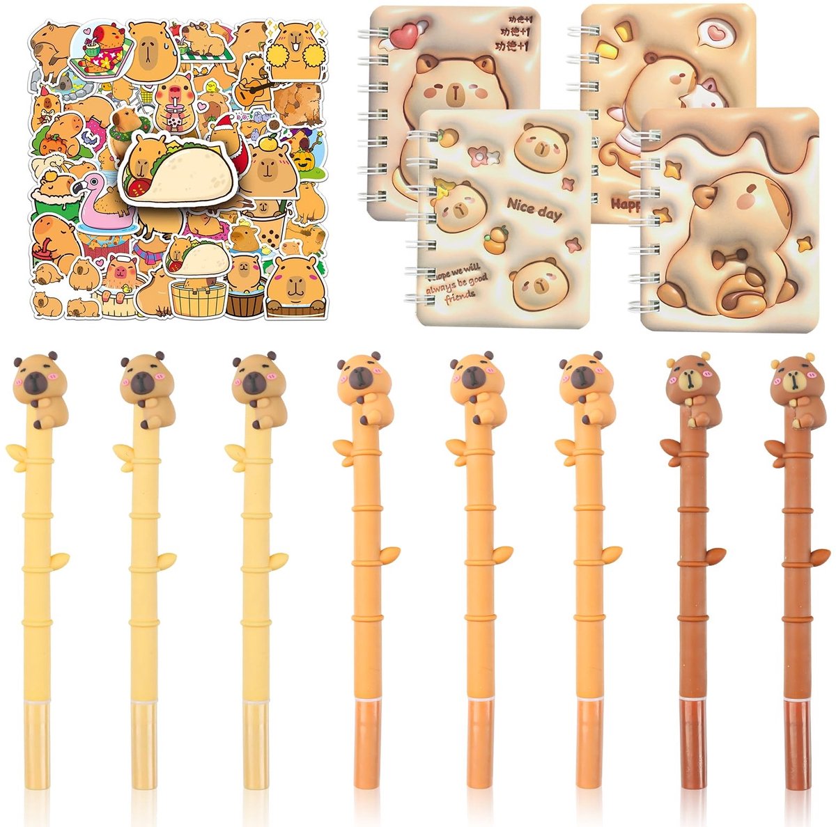 Omgoods - Capybara Schoolspullen Set met Mini Notitieboek en Gelpennen