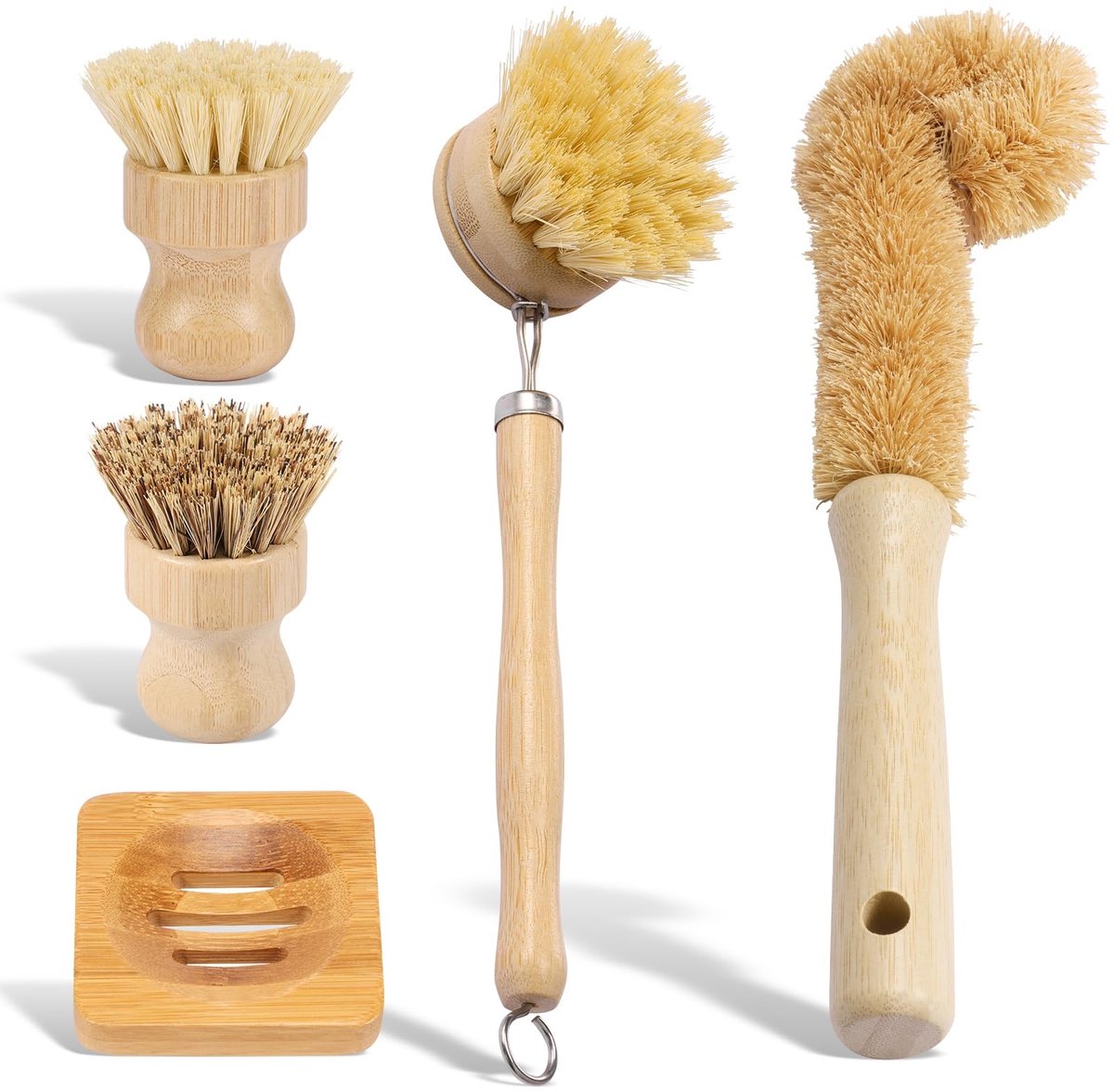 Omgoods - Bamboo Afwasborstel Set van 5 met Natuurlijke Haren - Duurzaam en Multifunctioneel