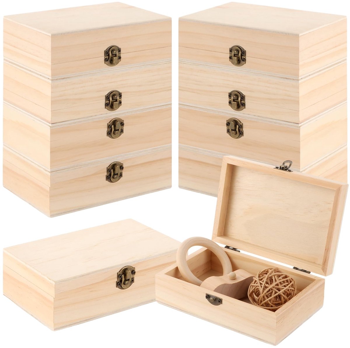 Omgoods- Houten Kist - 10 Stuks - 15 x 10 x 5 cm - Houten Kist met Deksel - Schatkist - Kleine Houten Kist - Retro Gesp - Opbergdoos
