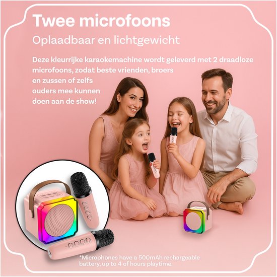 Karaoke Set voor Kinderen met Bluetooth Speaker van MMOBIEL – Met 2 Draadloze Microfoons, LED-verlichting, Geluidseffecten – Feest, Cadeau voor Meisje, Jongen, Kinderen 3+ jaar – Roze — afbeelding 4