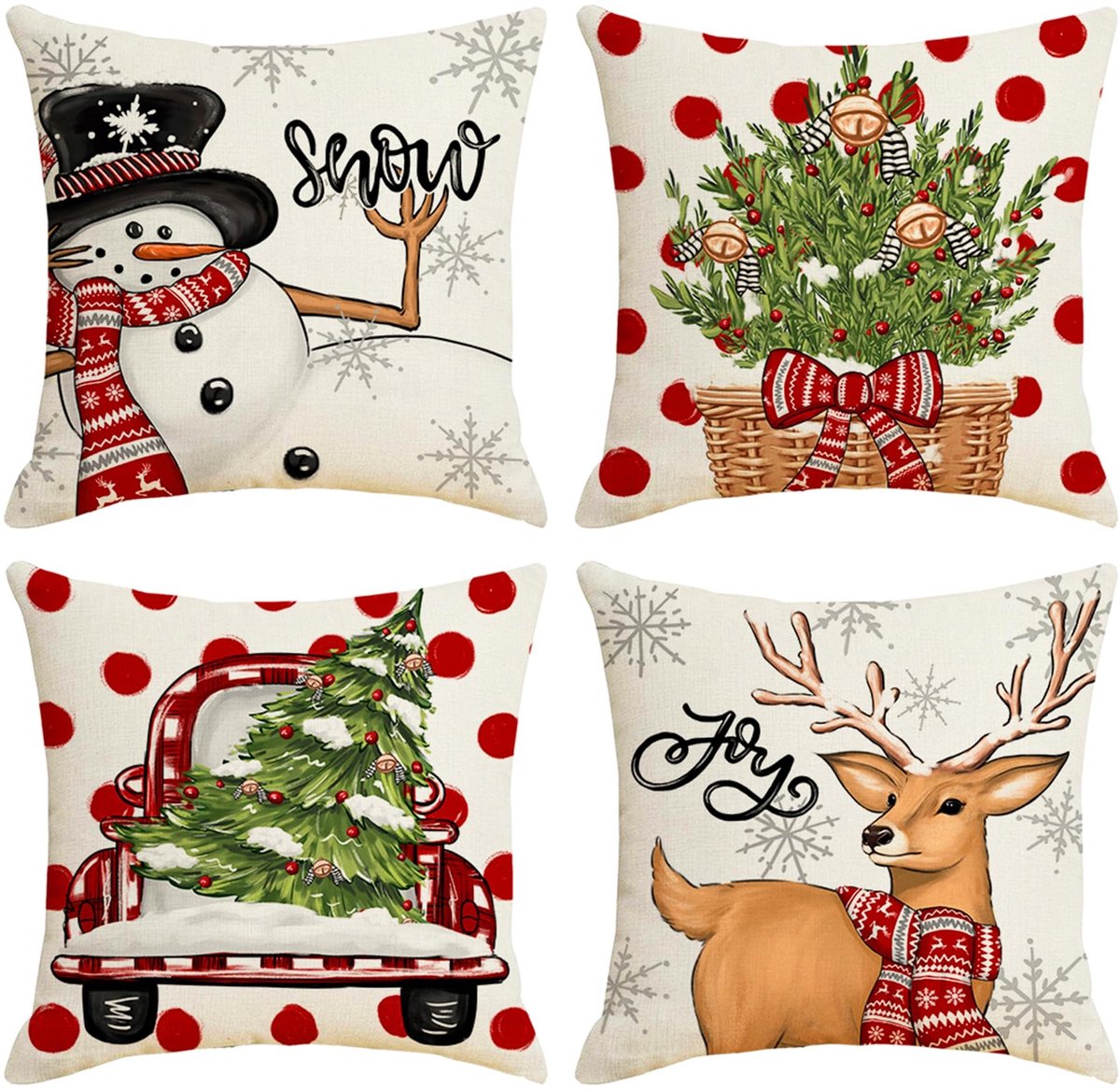 Omgoods - Set van 4 Kerst Kussenhoezen 50 x 50 cm met Reversible Motief