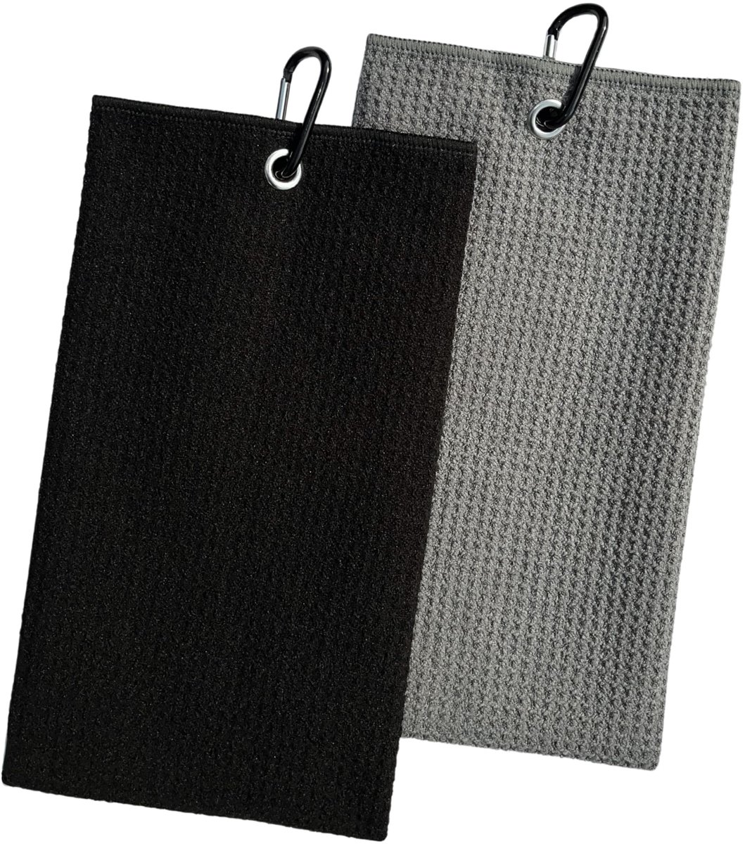 Omgoods - Set van 2 Golfhanddoeken - Microvezel Wafelpatroon - Met Karabijnhaak - Zwart/Grijs