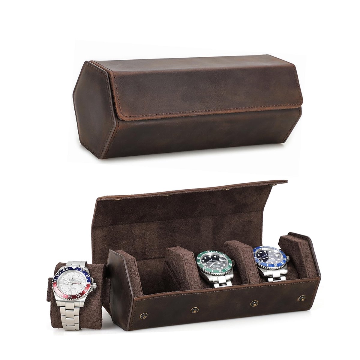 Omgoods - Hexagon Heren Horlogebox voor 3 Horloges van Echt Leer