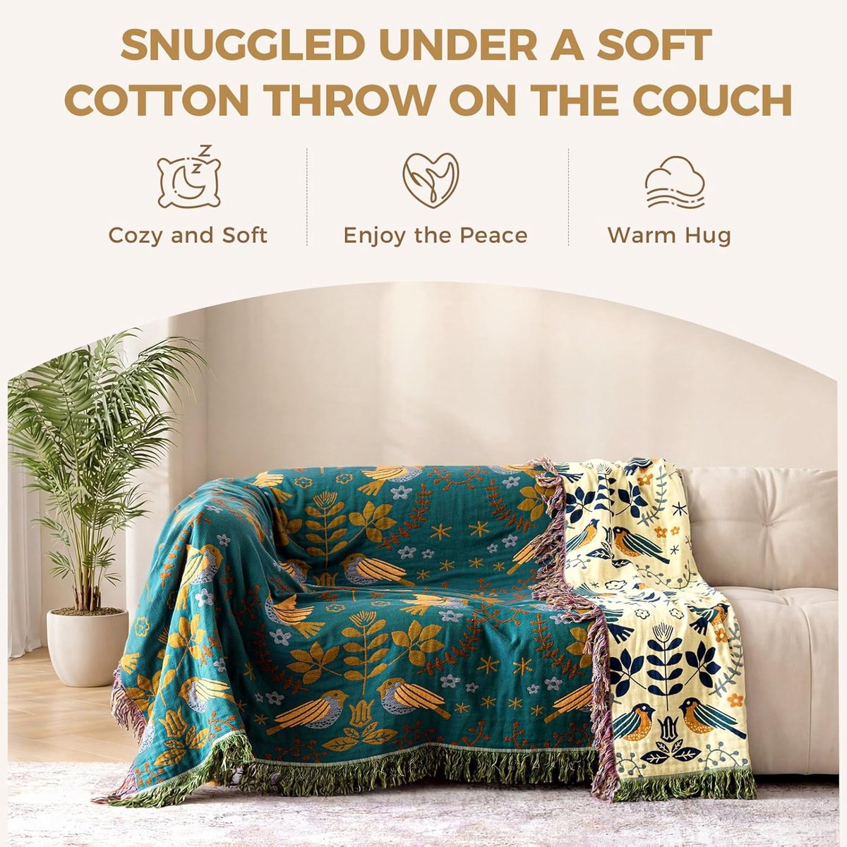 Sofa plaid - Bedsprei - bank deken - Deken - Vogel- en bloemenprint - 150×200cm - Katoen - Groen — cadeau in Wonen & Interieur - foto 6