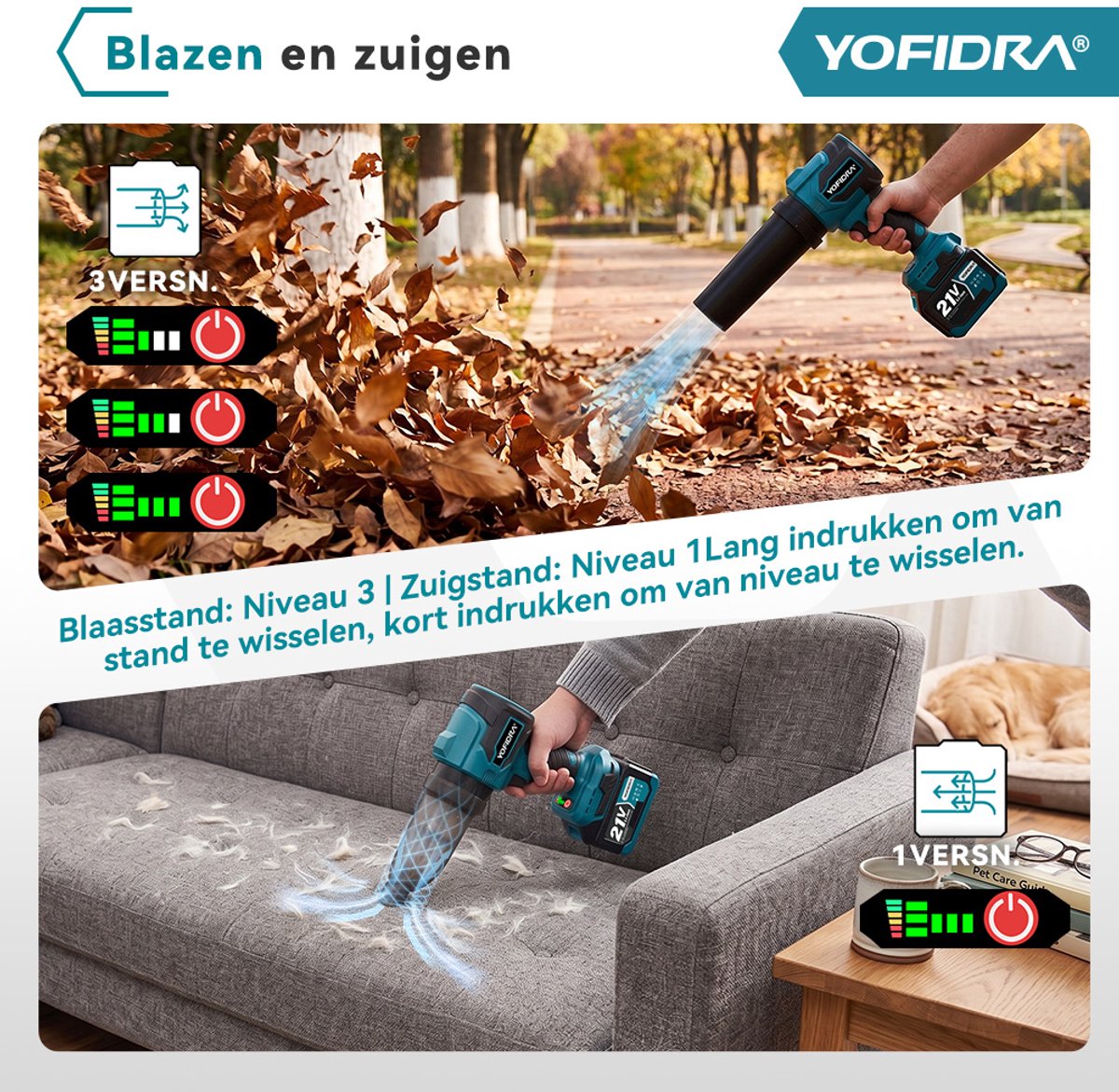 Yofidra Accu Bladblazer - Stofzuiger - 2-in-1 Bladblazer - 350 km/u - Handstofzuiger - Borstelloze Stofblazer - voor buitenshuis, auto, tapijt thumbnail 4