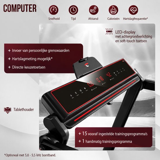 Gedetailleerde weergave van het LED-display en de console van de loopband, met trainingsopties.