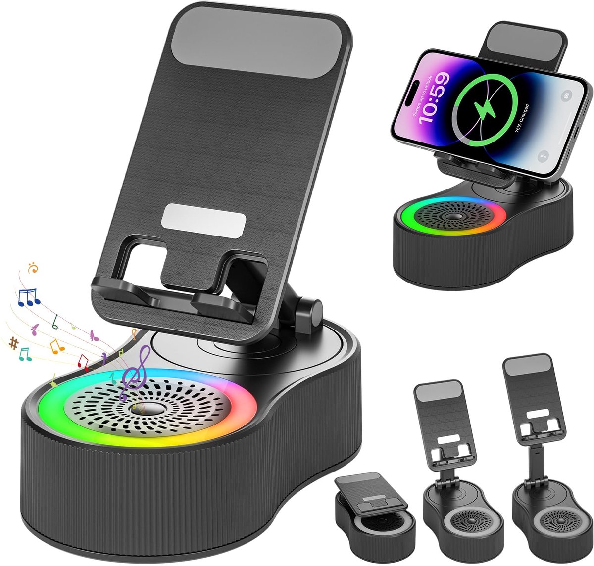 Deze Bluetooth-luidspreker met standaard heeft een verstelbare, multifunctionele standaard en een oplaadfunctie, waardoor hij ideaal is voor thuis en feestjes (zwart).