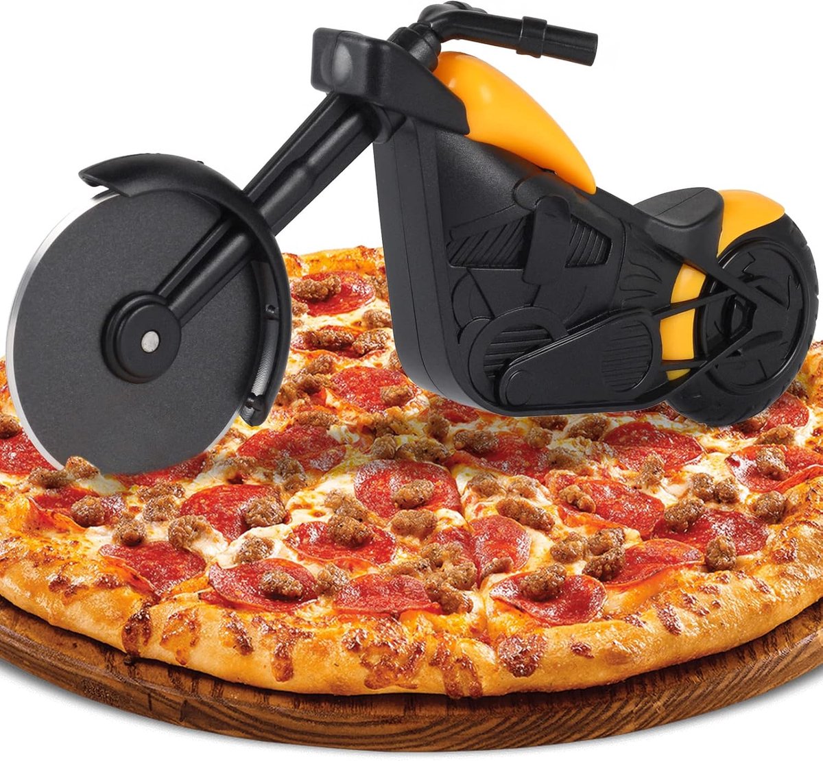 pizzasnijder, nieuwe voor motorfietsen, met roller, roestvrijstalen pizzames met scherp lemmet, antiaanbaklaag en standaard, keukengadgets als kerstcadeau (geel)