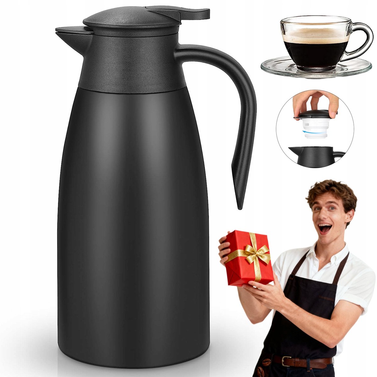 Thermoskan - Dubbelwandige Isoleerkan - Vacuümfles - 1,8L - 304 Roestvrij Staal - 12-18 uur - Brede Opening - Lekvrij - Antislip Siliconen Voet - Koffiekan - Hete Dranken - Voor Thuis & Kantoor & Picknick - Zwart