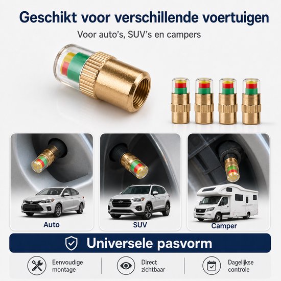 Bandenspanning Ventieldopjes - 4 Stuks - 3-Kleuren Bandenspanningsindicator - 2,4 Bar - Voor Standaard Autoventielen — afbeelding 5