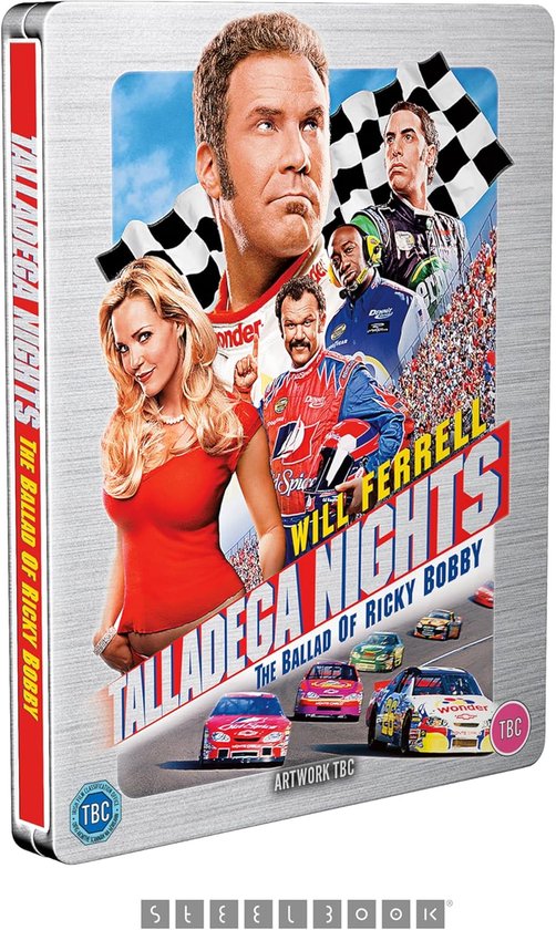 Steelbook hoesje van "Talladega Nights" met Will Ferrell en anderen in racekleding, en raceauto's.