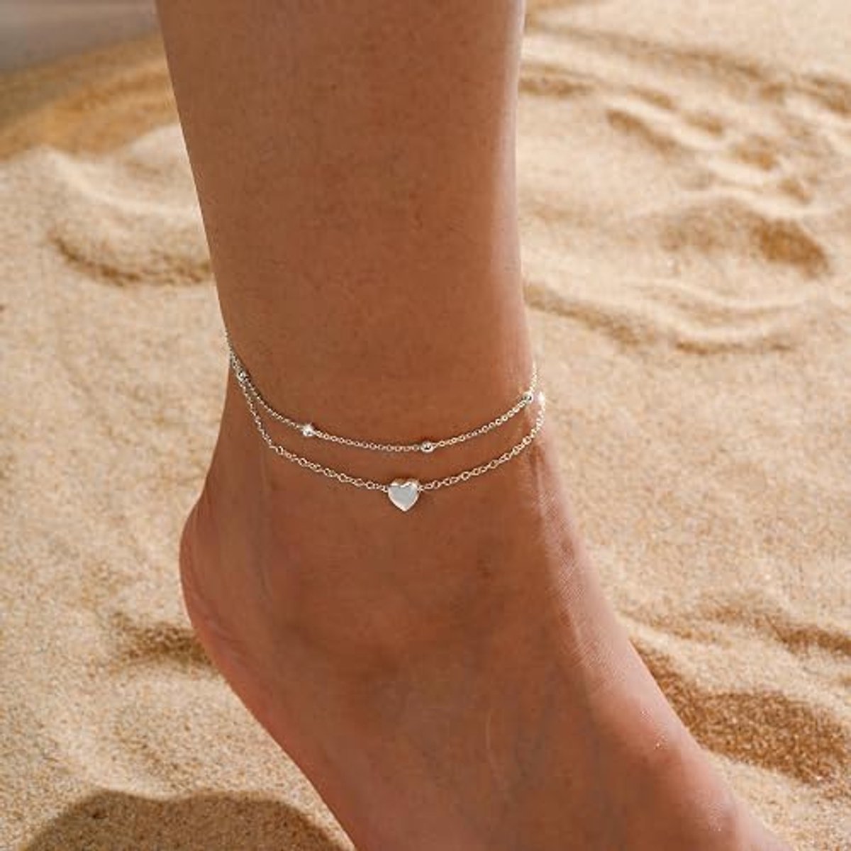 Enkelbandjes voor dames - Waterdichte, verzilverde enkelbandjes voor dames, verfijnde gedraaide Cubaanse schakelarmbandjes met hartjeskralen, gelaagde enkelbandjes voor dames, trendy sieradencadeau - stapelbare enkelbandjes voor op het strand