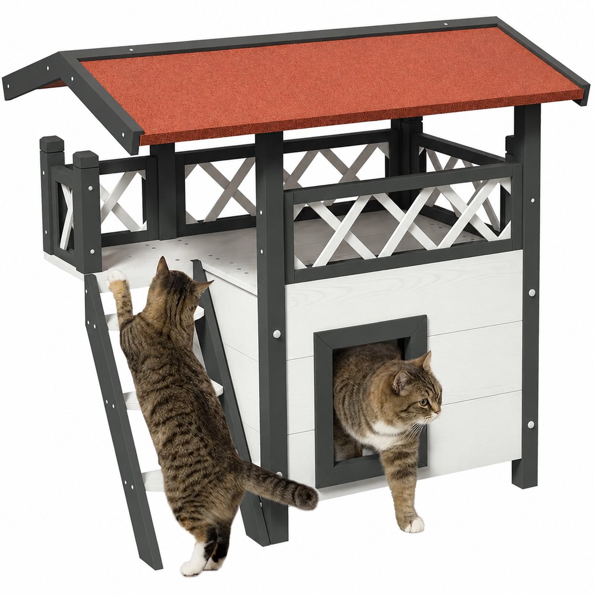 Kattenhuis - Voor buiten - Hok - Kooi - Bench - Ren - 2 verdieping - duurzaam - Wit / Rood