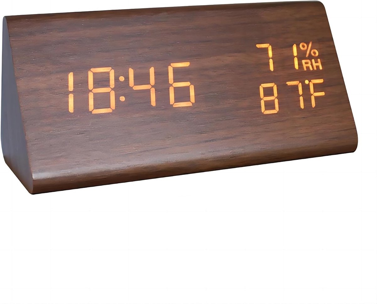 Digitale houten wekker – tijd-, datum-, temperatuur- en vochtigheidsweergave – spraakactivering – 3 helderheidsniveaus – bureauklok voor slaapkamer en thuis.