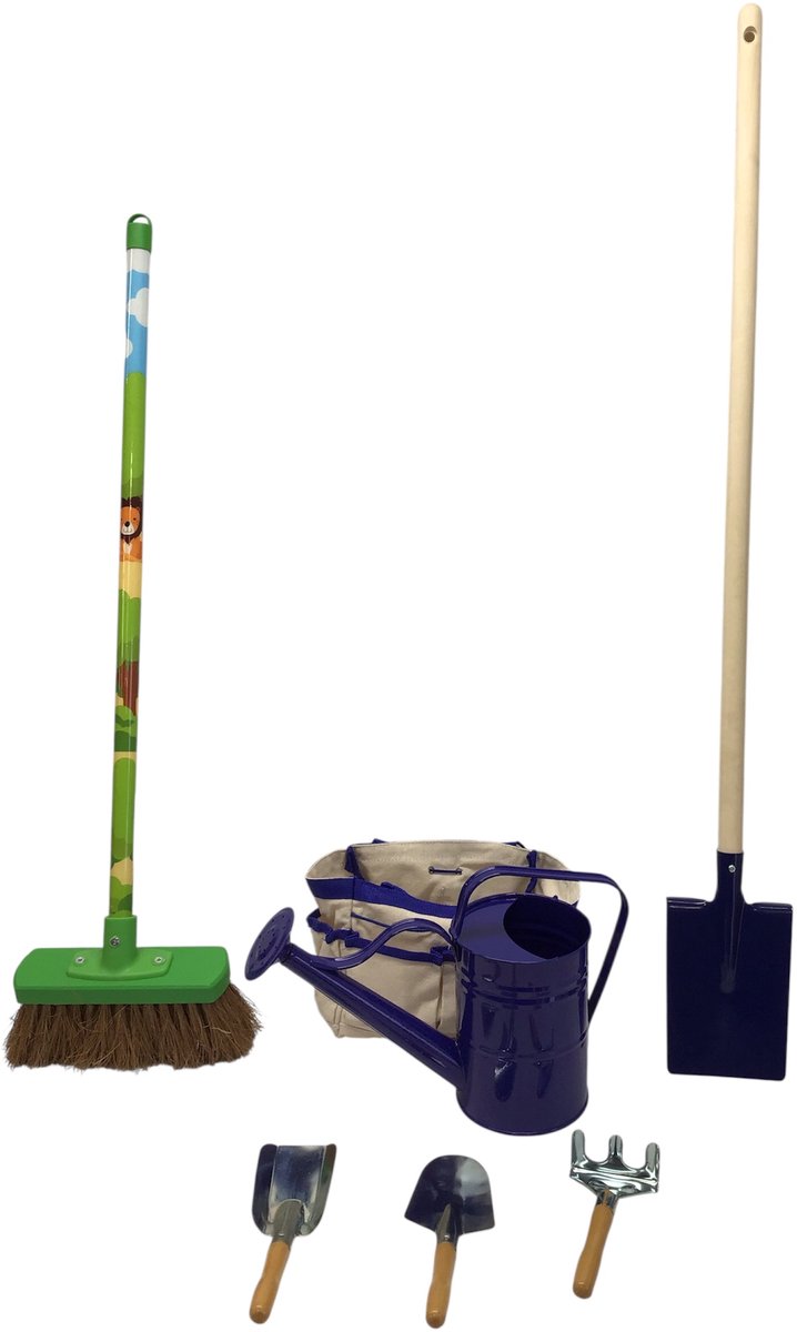 Tuingereedschap - Bezem - schep - gieter - harkje - en 2 mini schepjes kindertuingereedschap zandbakgereedschap