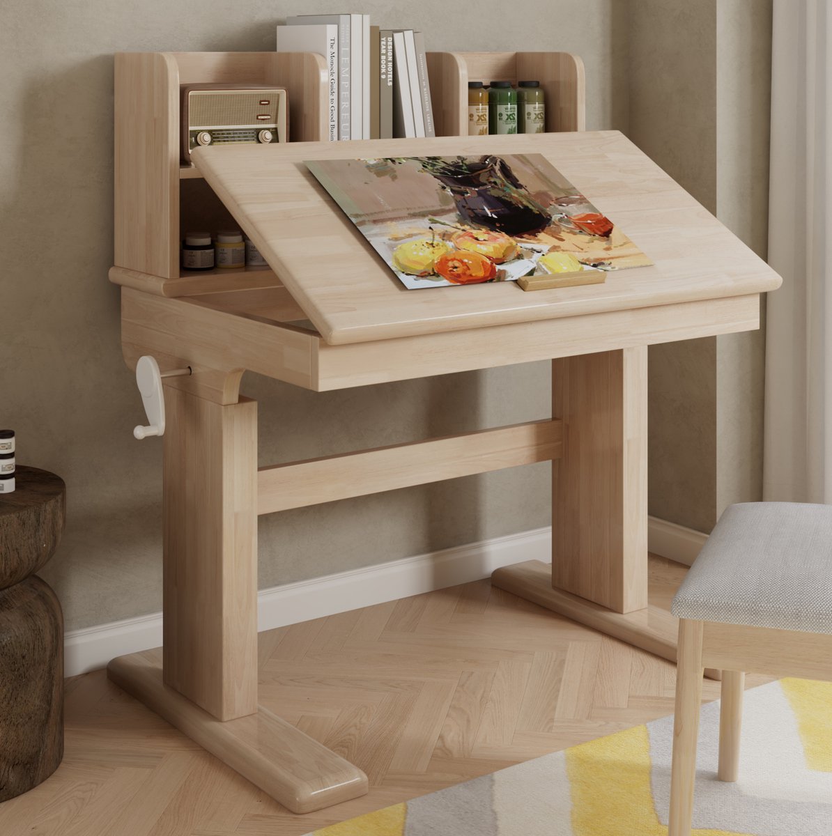 REDOM- Kindertafel - Verstelbare hoogte - Klapbaar tafelblad - Opbergvakken - Tekentafel - Kinderen - Hout - Natuurlijk - 92,2 x 60 x 89 cm