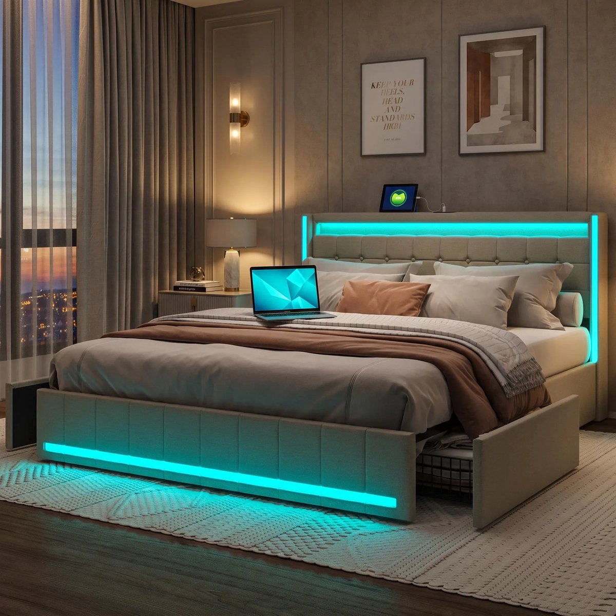 Gestoffeerd Bed 180x200 cm Beige Linnen – Tweepersoonsbed met Opbergruimte, USB-poorten en LED-verlichting – Opbergbed Bedframe met Lattenbodem – Zonder Matras