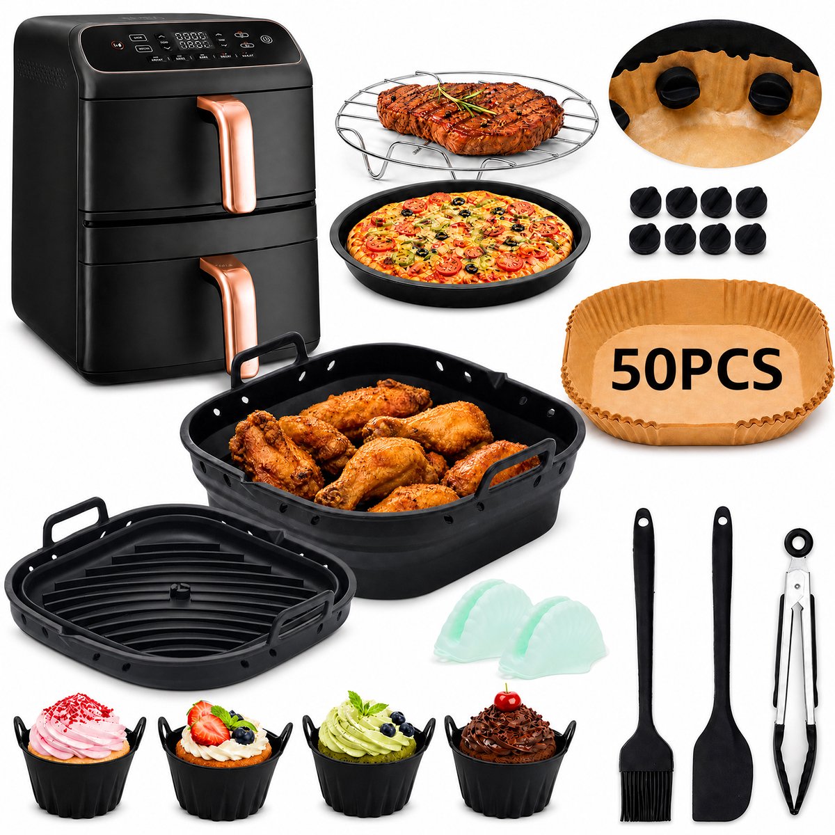 Airfryer Accessoires Set voor COSORI 10.8L Turbo Tower – Opvouwbare Siliconen Mandjes, Bakpapier, Grillrek, Pizzaplaat en Keukengerei – geschikt voor magnetische airfryer mandjes