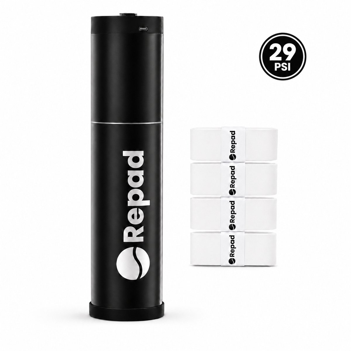 Repad® Pro - Padelballen Drukregelaar - Padel Ball Pressurizer - Tennis Ball Pressurizer - Automatische Pomp - Inclusief 4 overgrips - 29 PSI - USB-C - Metaal - Padelballen - 2026 Model - Zwart