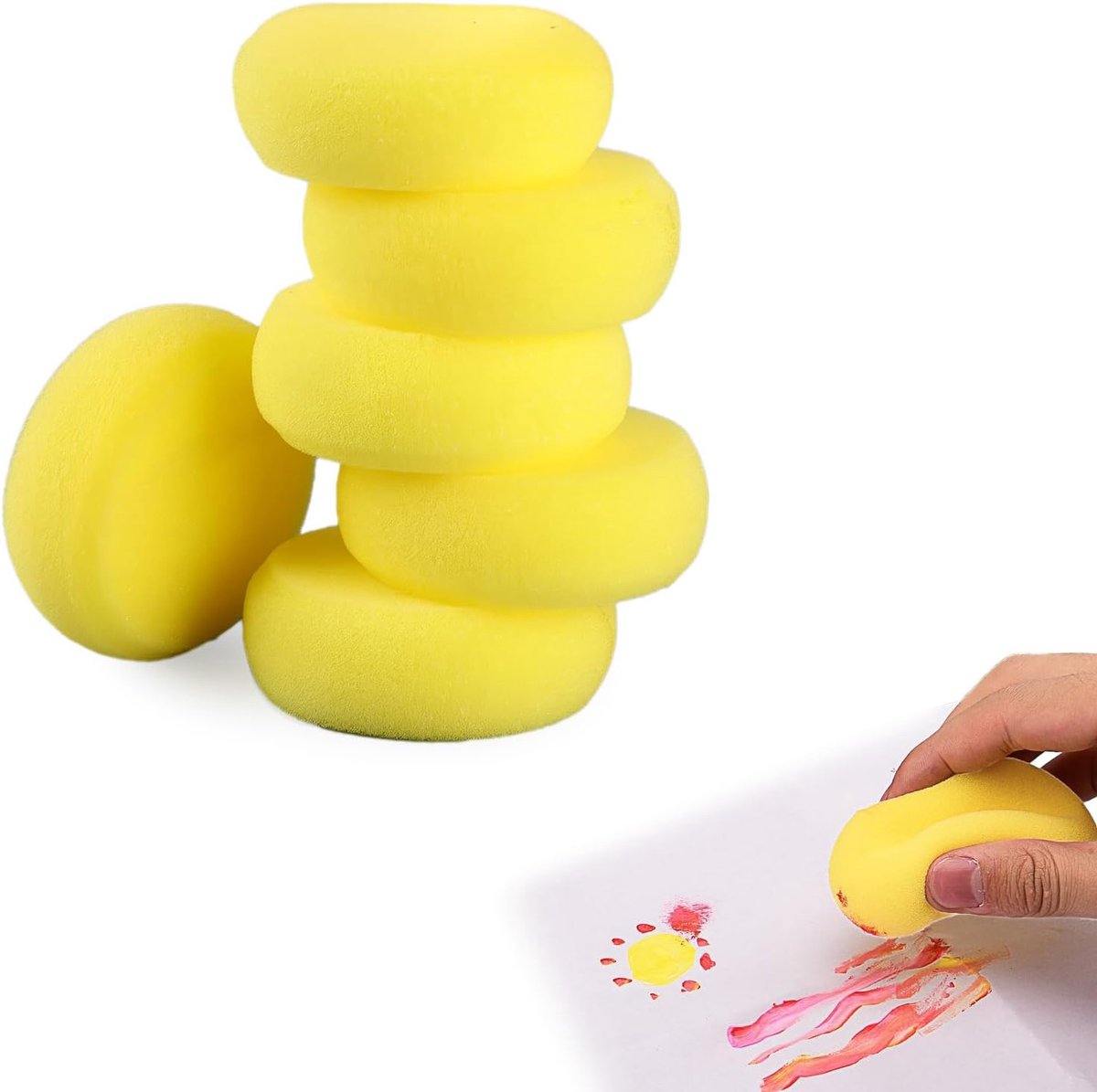 SnelShoppen - 6 x Ronde Sponsen voor Schilderen, 7.5 cm, Gele Kunststof Sponsen, Creatief, Zachte Sponsen voor Waterverf, Aardewerk, Kunst, Ambachten,