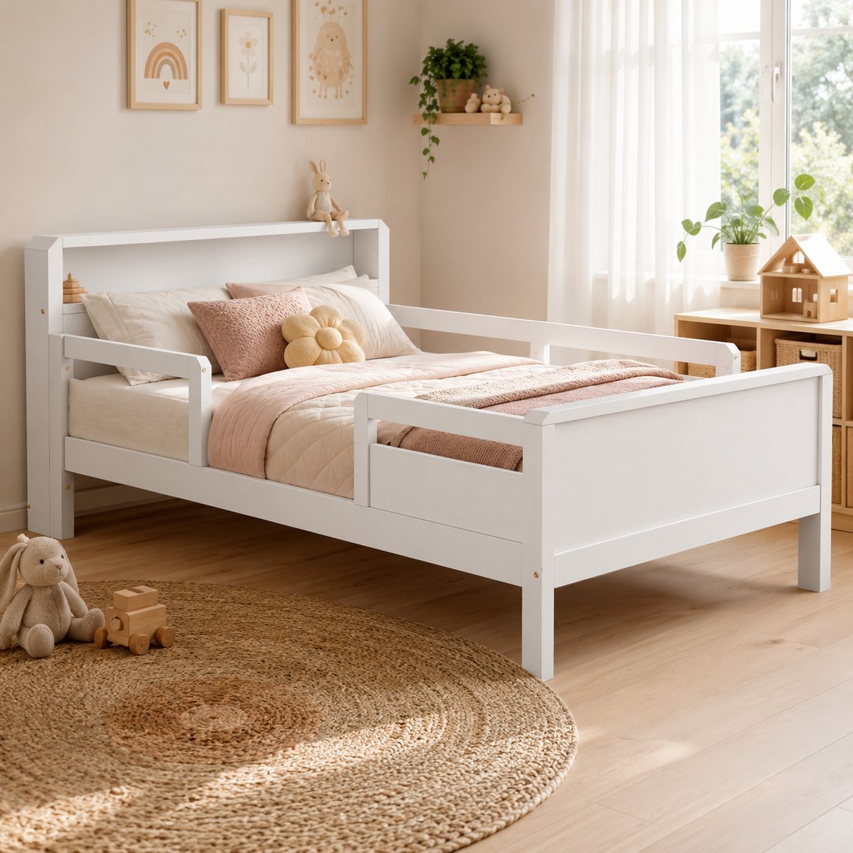 Kinderbed 90x200 cm - Eenpersoonsbed 90x200 cm - Houten bed - Opbergbed - Multifunctioneel bed - Met LED-lichtstrip en Multifunctionele oplaadpoort - Wit