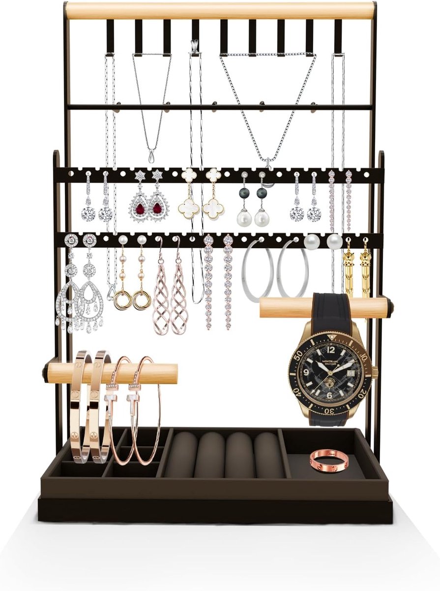 SnelShoppen - 4 Laags Sieradenstandaard met Fluwelen Lade voor Oorbellen, Kettingen, Armbanden en Ringen - Zwart, Hoogwaardige Materialen, Ruimtebespa