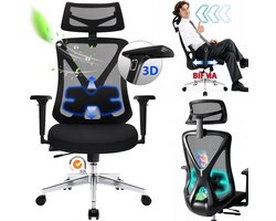 Durrafy Ergonomische Bureaustoel 150 kg - EN1335 Gecertificeerd - Bureaustoelen voor Volwassenen - Office Chair - Computerstoel met 2D Hoofdsteun, 3D Armleuningen, Lendensteun, Zitdiepteverstelling en Ademend Mesh - Zwart