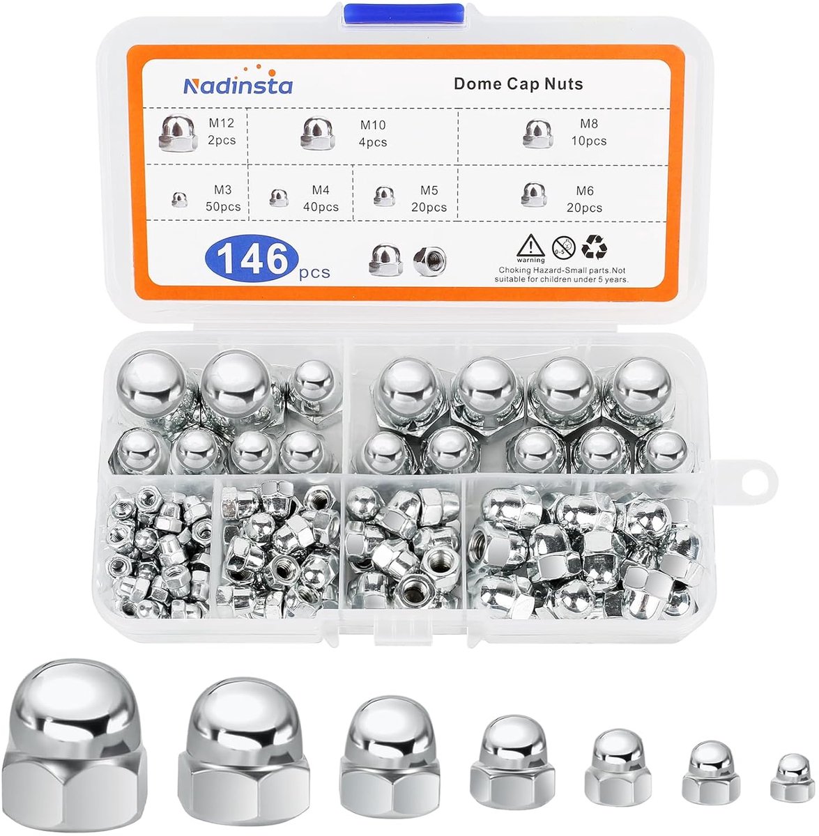 SnelShoppen - 146-delige Moeren Set - Acorn Draad Hexagon Kap Moeren M3/M4/M5/M6/M8/M10/M12 - Carbon Staal, Corrosiebestendig - Voor Motorfietsen, Meu