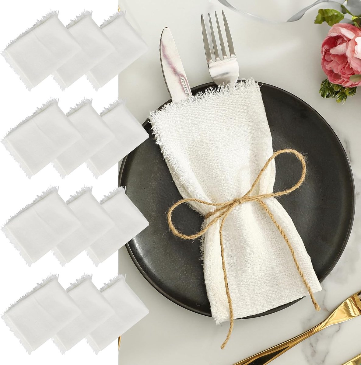 Stof Servetten 12 Stuks 45x45 cm - Linnen Servetten met Kwastjes - Wit Katoen en Linnen - Ideaal voor Doopdecoratie - ShopVlot