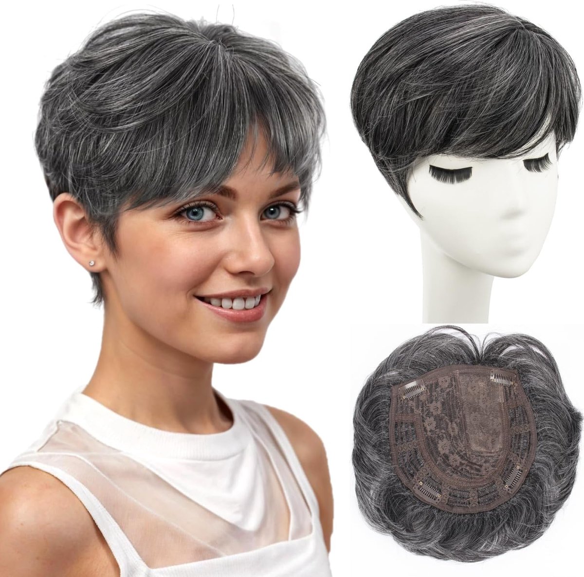 SnelShoppen - Haar Topper Clip-in voor Vrouwen - Natuurlijke Uiterlijk Kunsthaar met Pony - Zwart Grijs - Voor Dunner Haar - Volume Toevoegen - Perfec