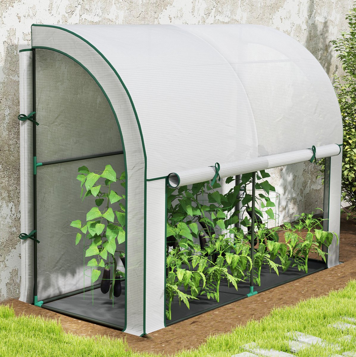 COVREO Tomatenkas 200x80x157 cm wit, staal en kunststof met roldeur