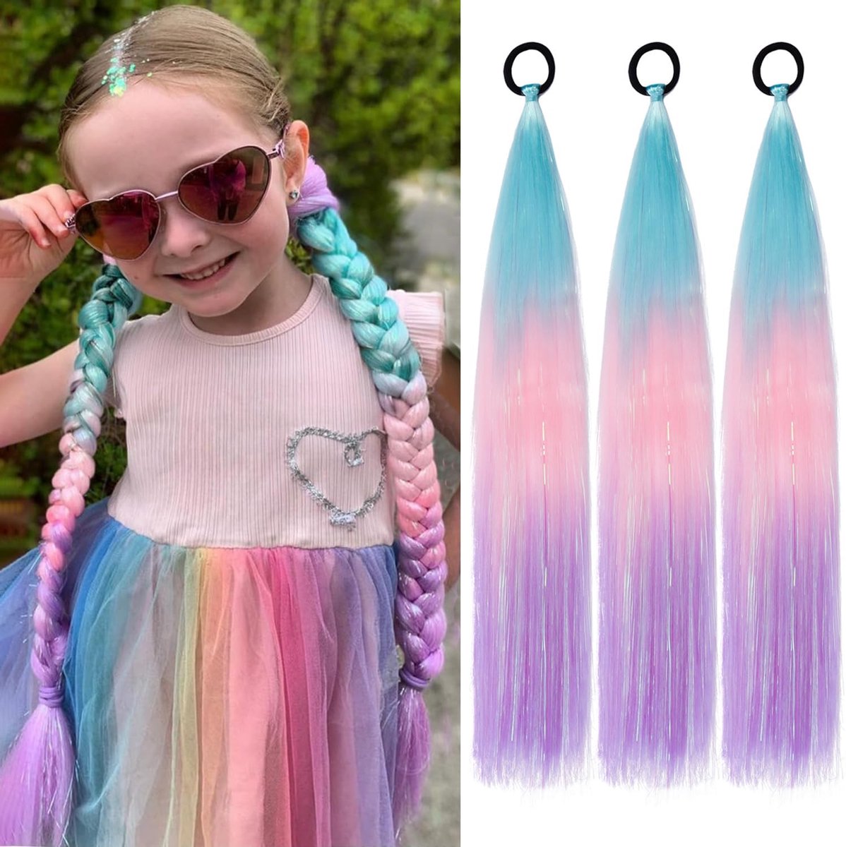 SnelShoppen - 3 Stuks Lange Ponytail Haarstuk Haaraccessoire Vlecht voor Meisjes en Vrouwen 60 cm Blauw/Roze/Paarse Kleur Synthesisch Haar