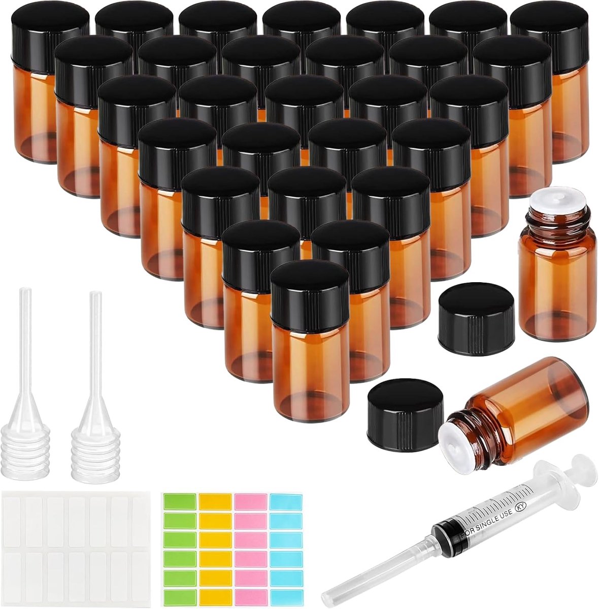 SnelShoppen - 30 Stuks 5ml Bruine Lege Glazen Flessen met Pipette en Syringe - Mini Drupflessen voor Essentiële Olie, Massage en DIY Projecten