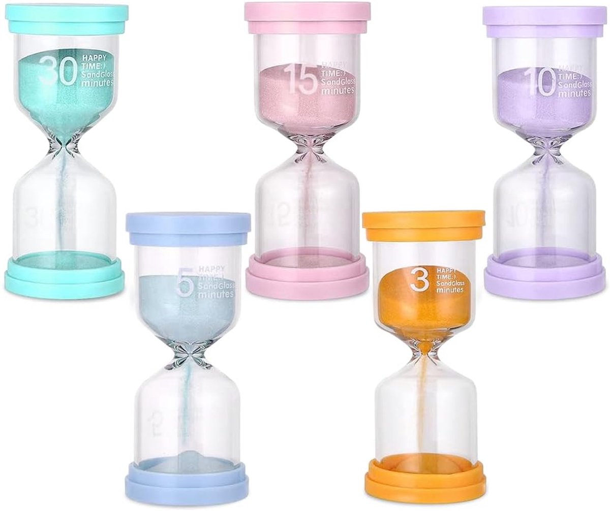 SnelShoppen - Set van 5 Kleurrijke Zandlopers voor Kinderen, Timer voor 3min/5min/10min/15min/30min - Ideaal voor Tandenpoetsen, Huiswerk, Spelen, Kok